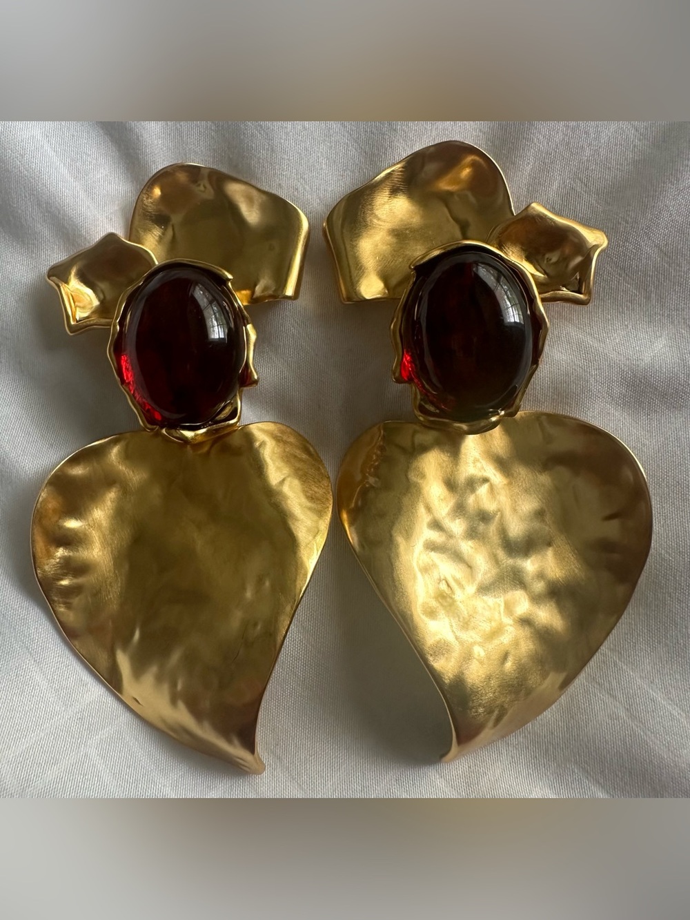 ✨Saint Laurent Gold Heart Drop Clip-on Earrings with Deep Garnet Cabochons